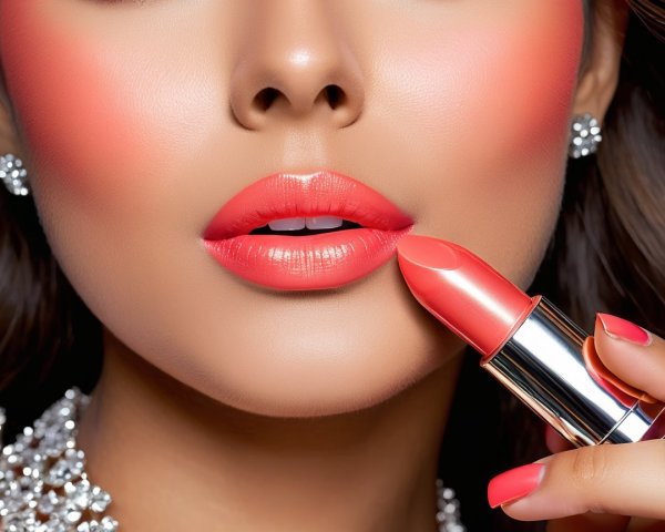 Close-up of Woman Applying Vibrant Coral Lipstick