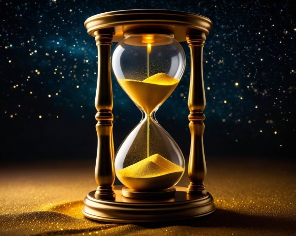 Elegant hourglass with golden sand on golden surface