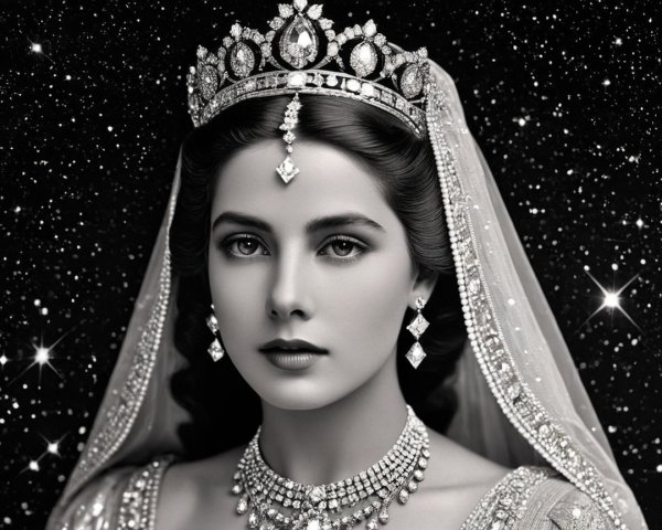 Regal figure in tiara and jewelry against starry backdrop
