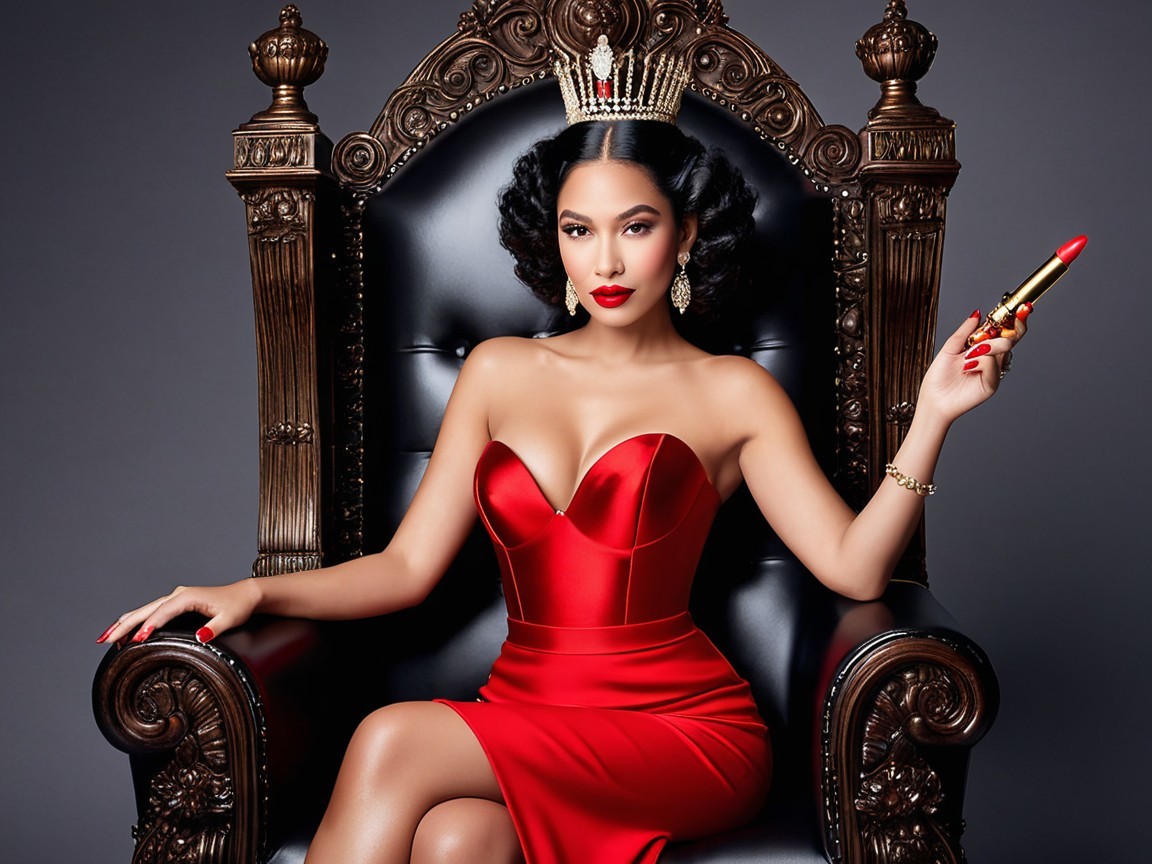 Regal Figure in Red Gown on Ornate Throne