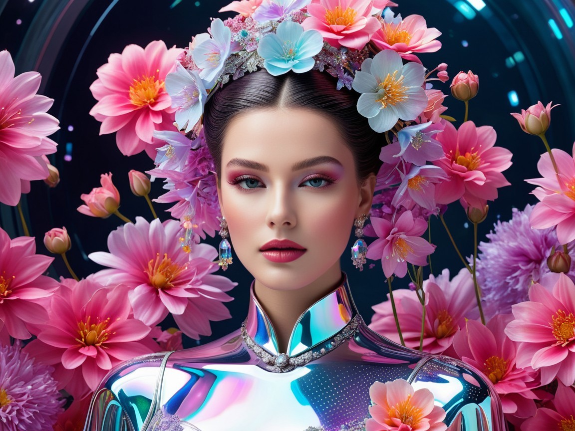 Futuristic Portrait of a Woman with Floral Accents