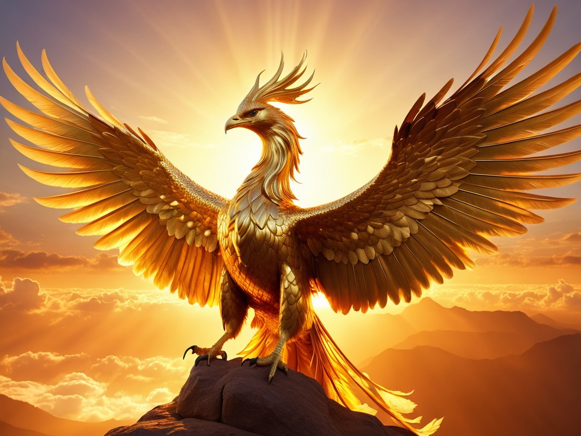 Golden phoenix atop rocky perch at sunrise