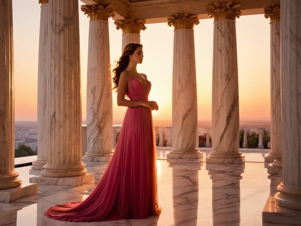 Woman in Pink Gown Against Marble Columns at Sunset