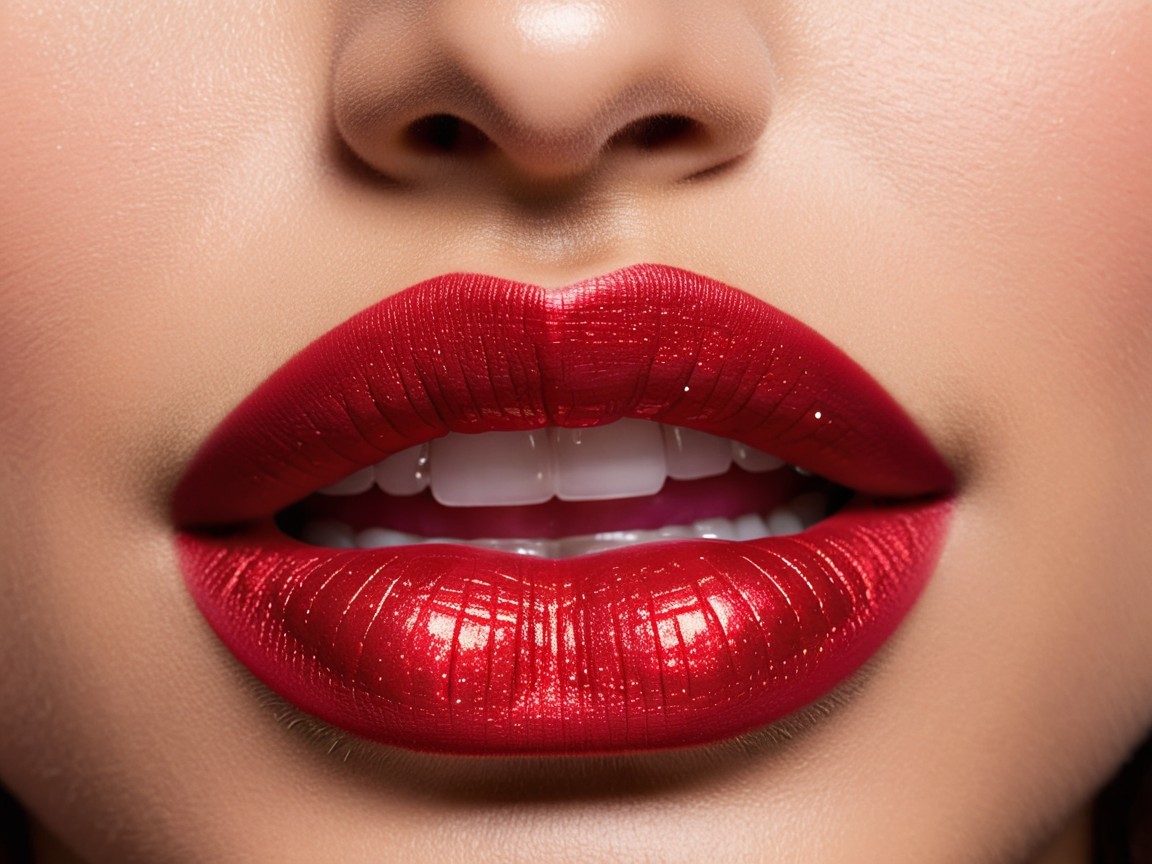 Close-Up of Glossy Red Lips with Visible Teeth