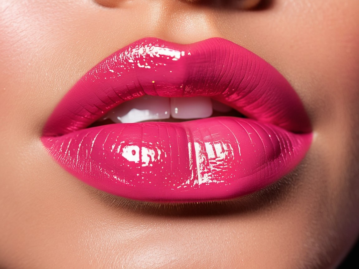 Close-Up of Glossy Hot Pink Lipstick on Styled Lips