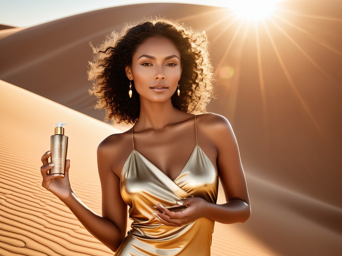 Model in Golden Dress Against Desert Sunset Dunes