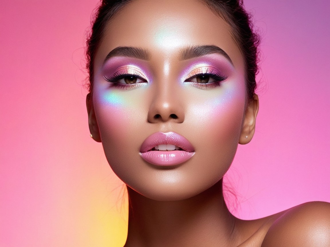 Beauty Portrait with Radiant Skin and Artistic Makeup