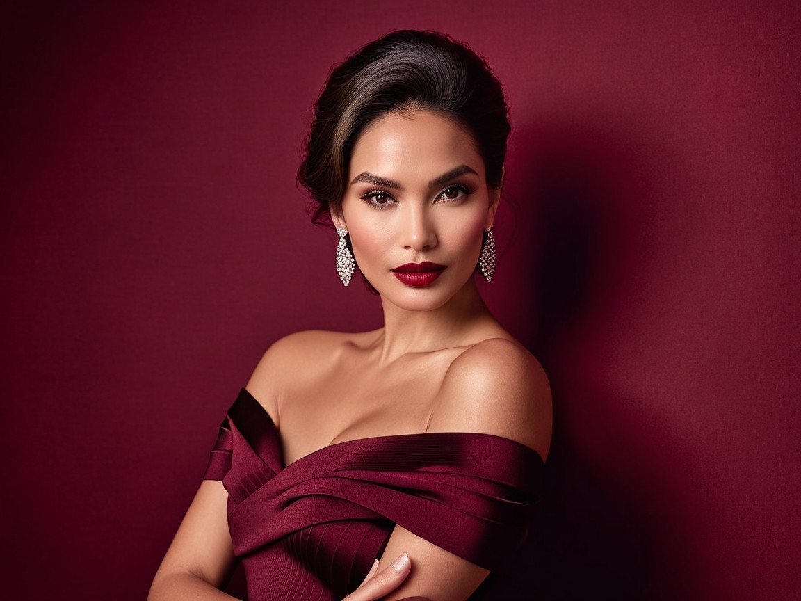 Elegant woman in burgundy gown with soft waves