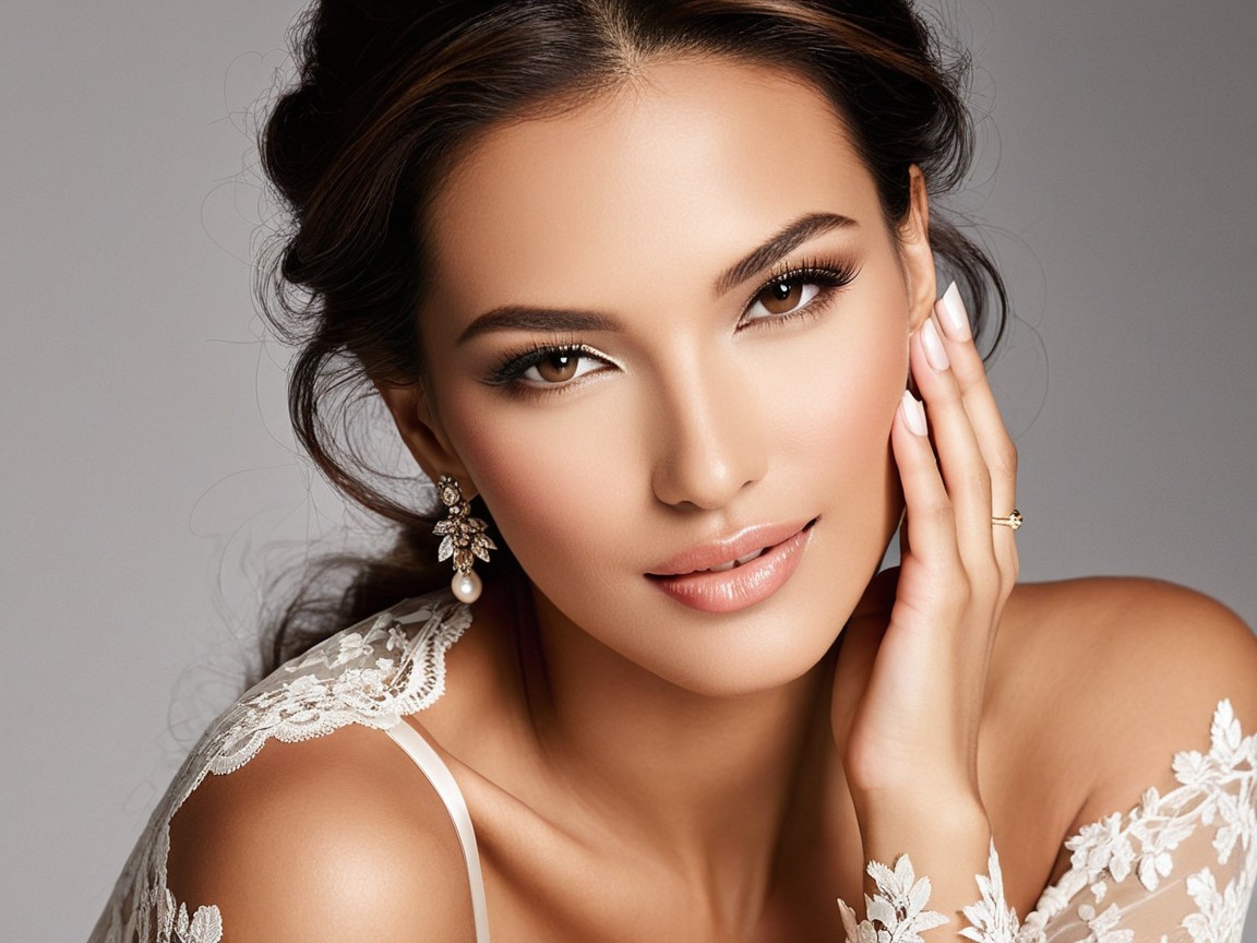 Model with Glowing Skin and Romantic Makeup