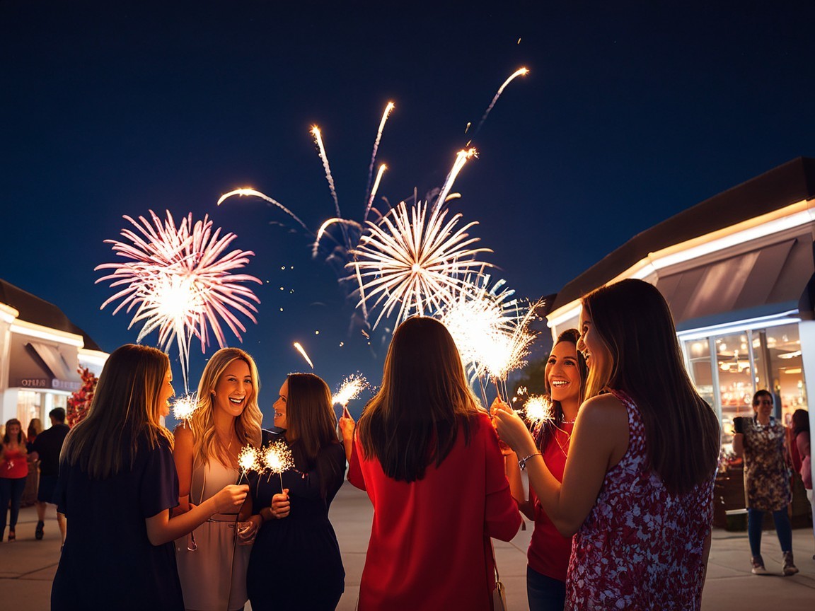 Friends Celebrating at Night with Sparklers and Fireworks