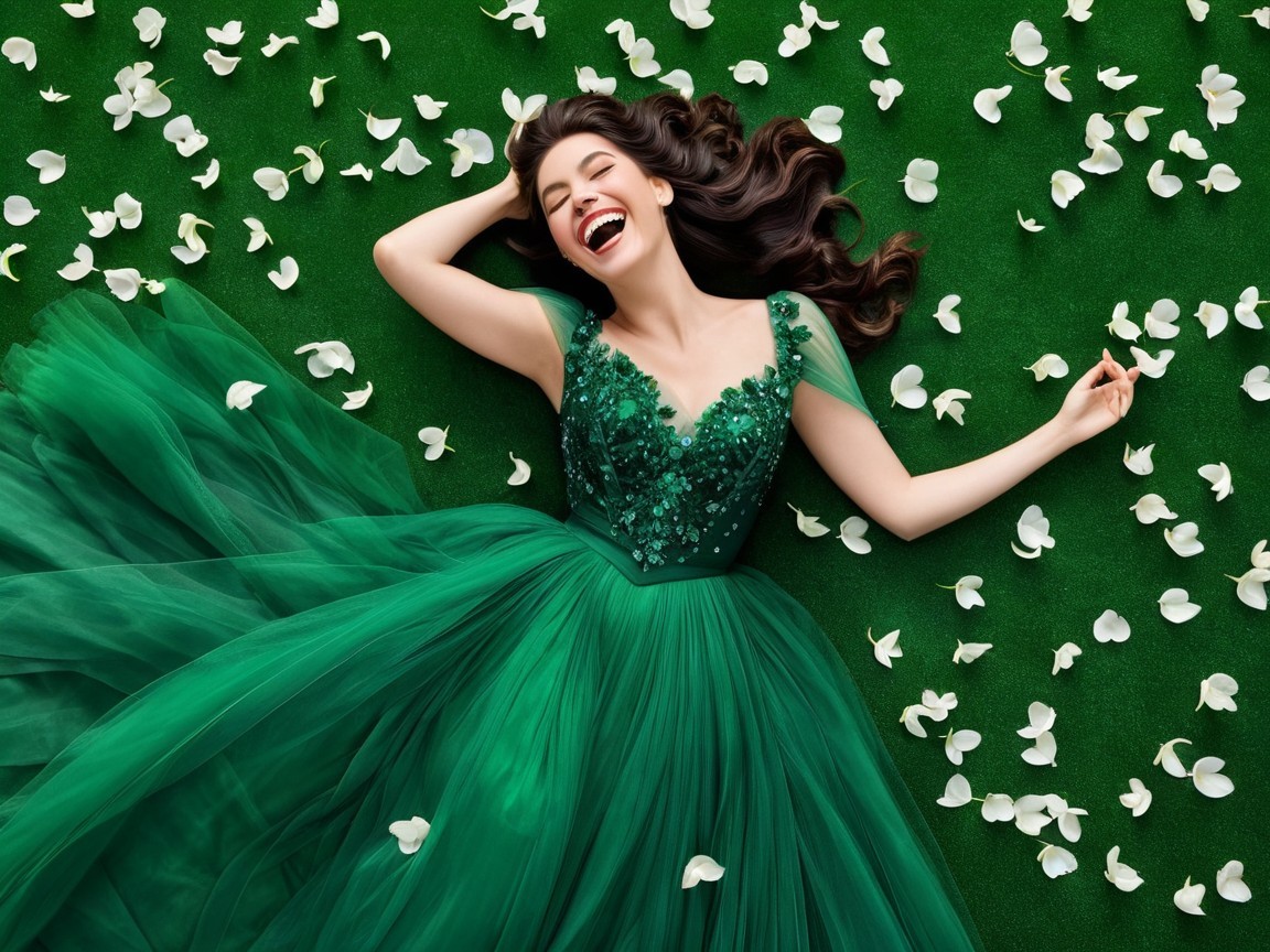 Joyful woman in emerald gown on green surface with flowers