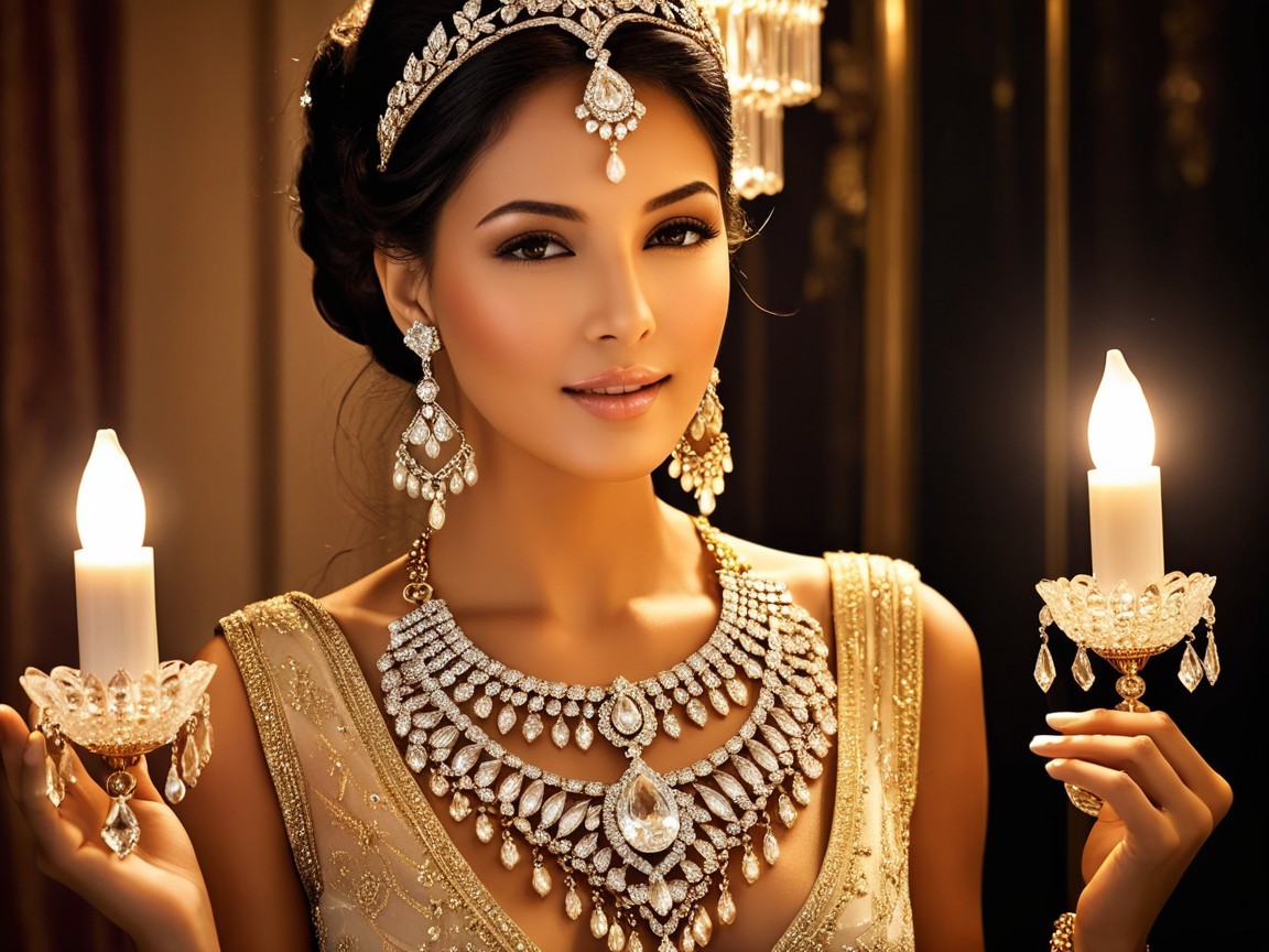 Elegant woman in dress with jewelry and candles