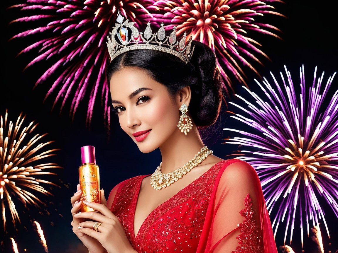 Glamorous Woman in Red Gown with Fireworks Background