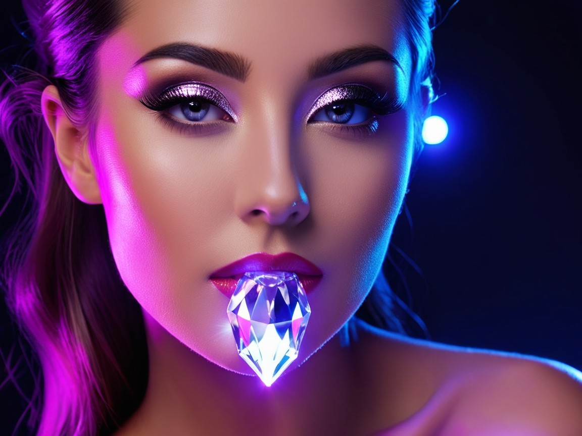 Close-up Portrait of a Woman with Bold Makeup and Diamond