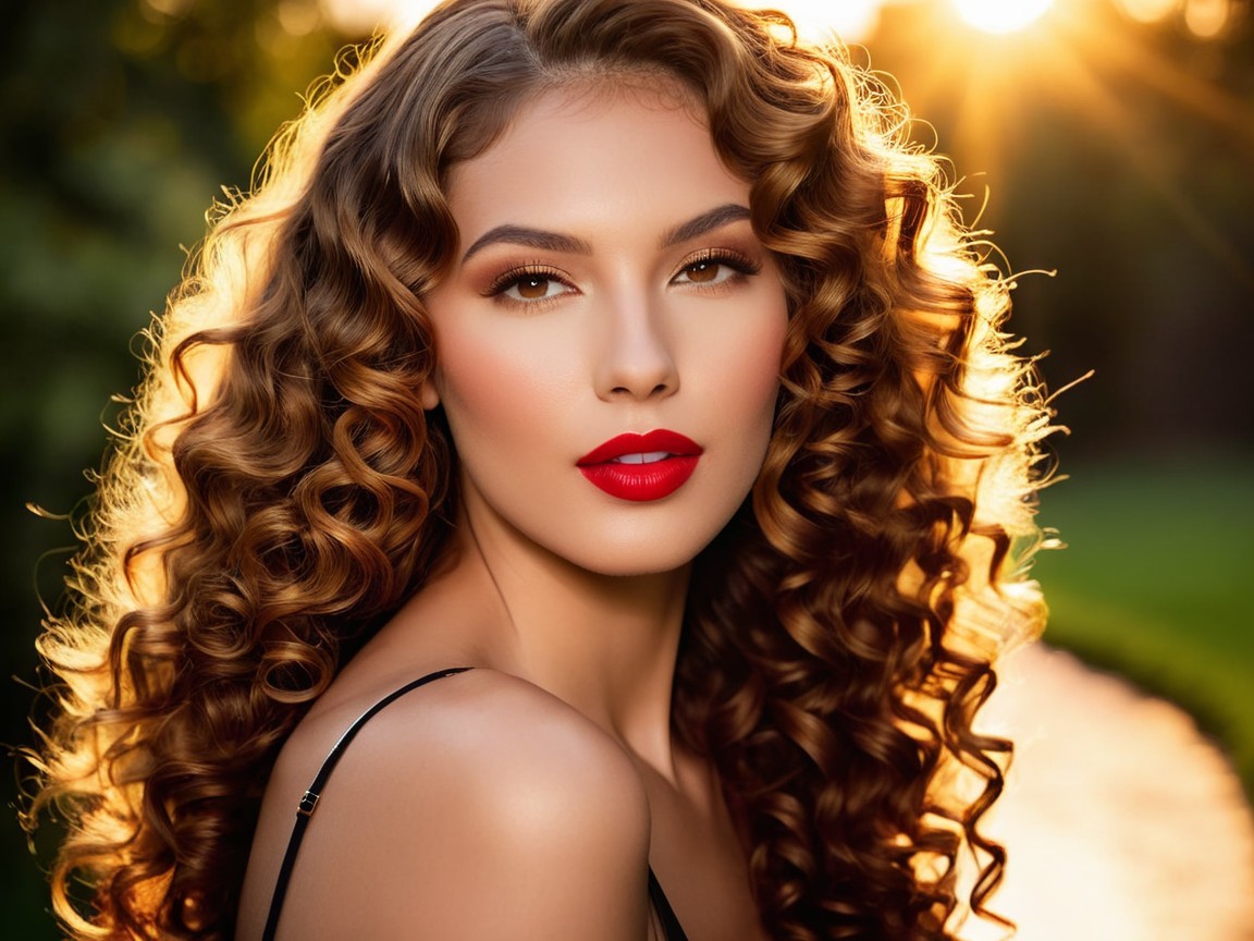 Elegant Woman with Curly Hair in Sunlit Setting
