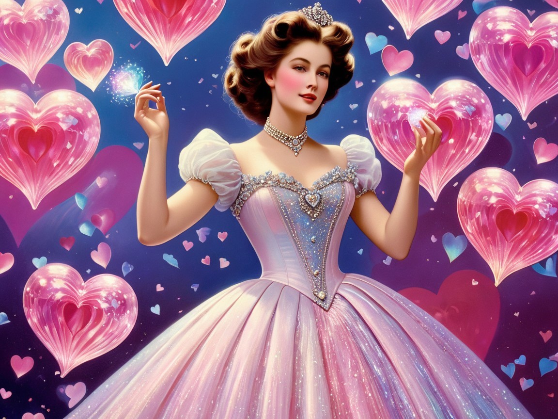 Whimsical Fairy Tale Scene with Pastel Gown and Hearts