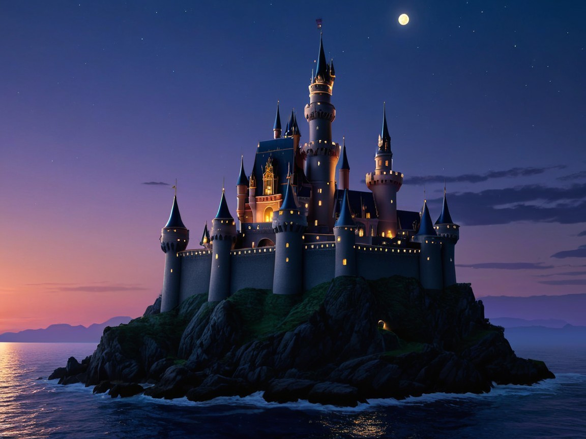 Castle on Rocky Island Under Twilight Sky