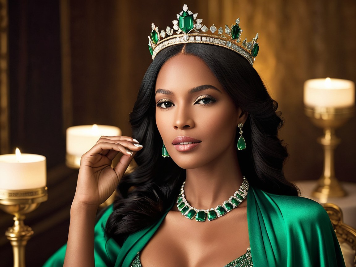 Elegant woman in green gown with jewels and tiara