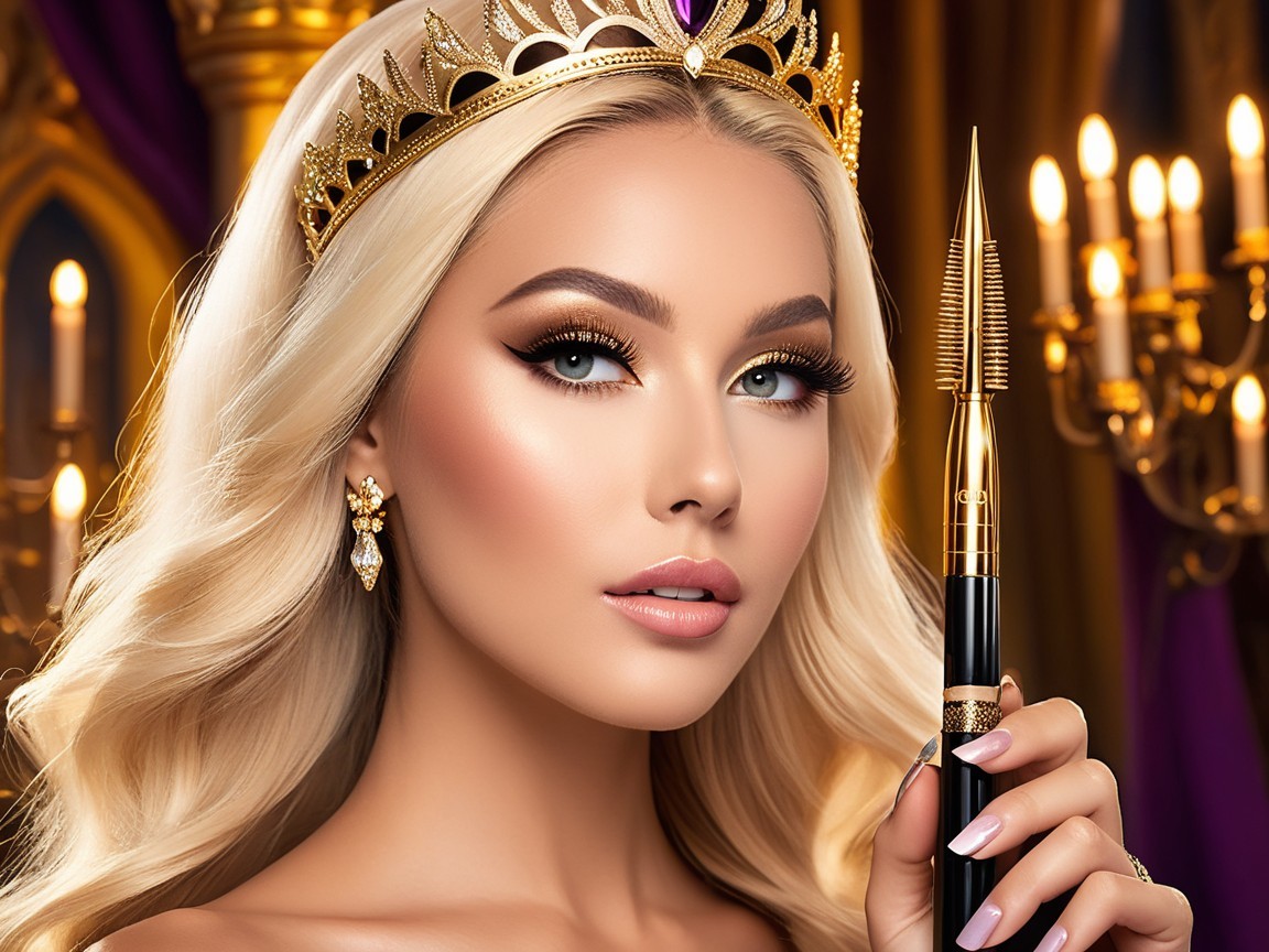 Elegant Woman with Golden Crown and Glamorous Pen