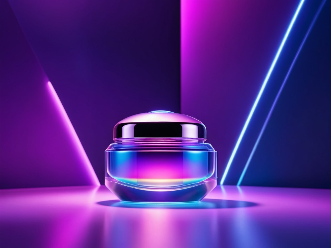 Modern Cosmetic Jar with Neon Light Background