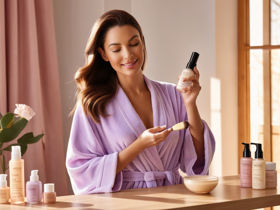 Woman applying skincare in a serene, elegant setting