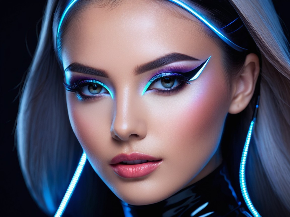 Close-Up Portrait of Model with Bold Makeup and Neon Lights