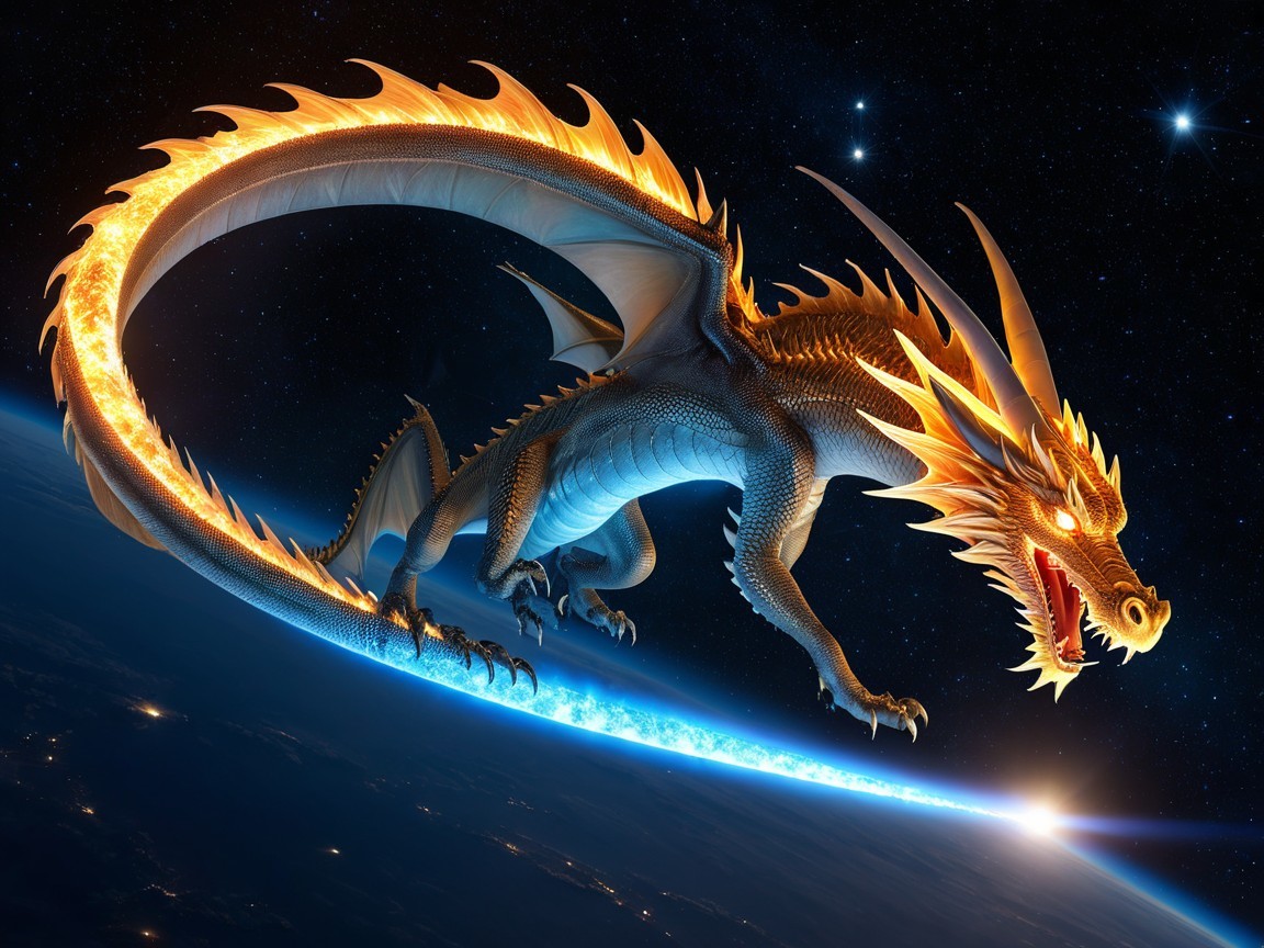 Majestic dragon flying above a planet's horizon