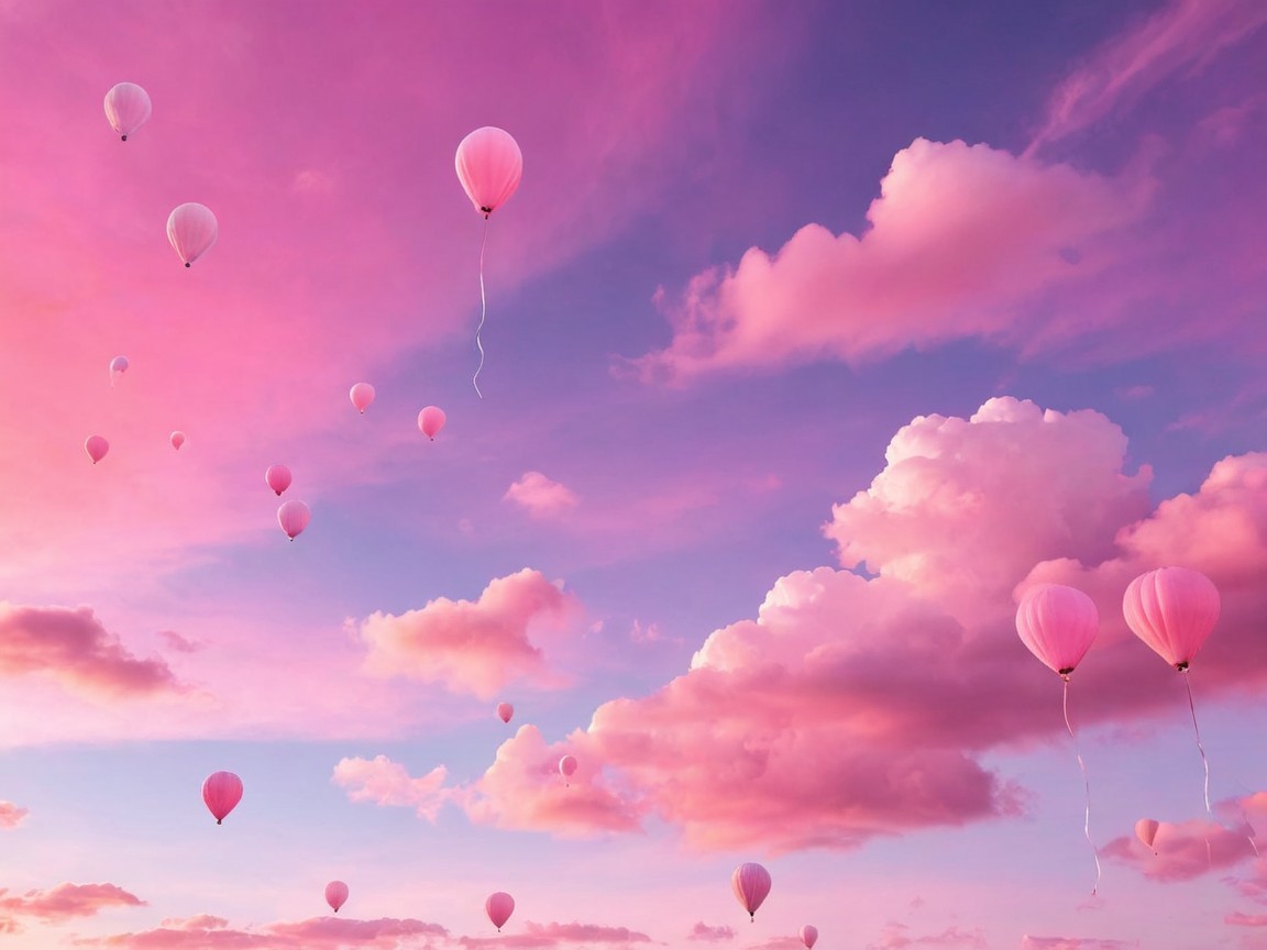 Serene Sky with Pink and Purple Hot Air Balloons