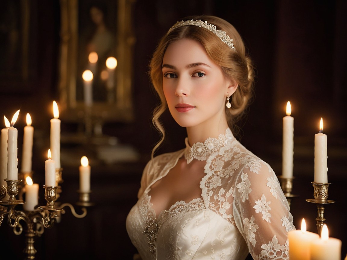 Bride in Lace Gown Surrounded by Candlelight Glow