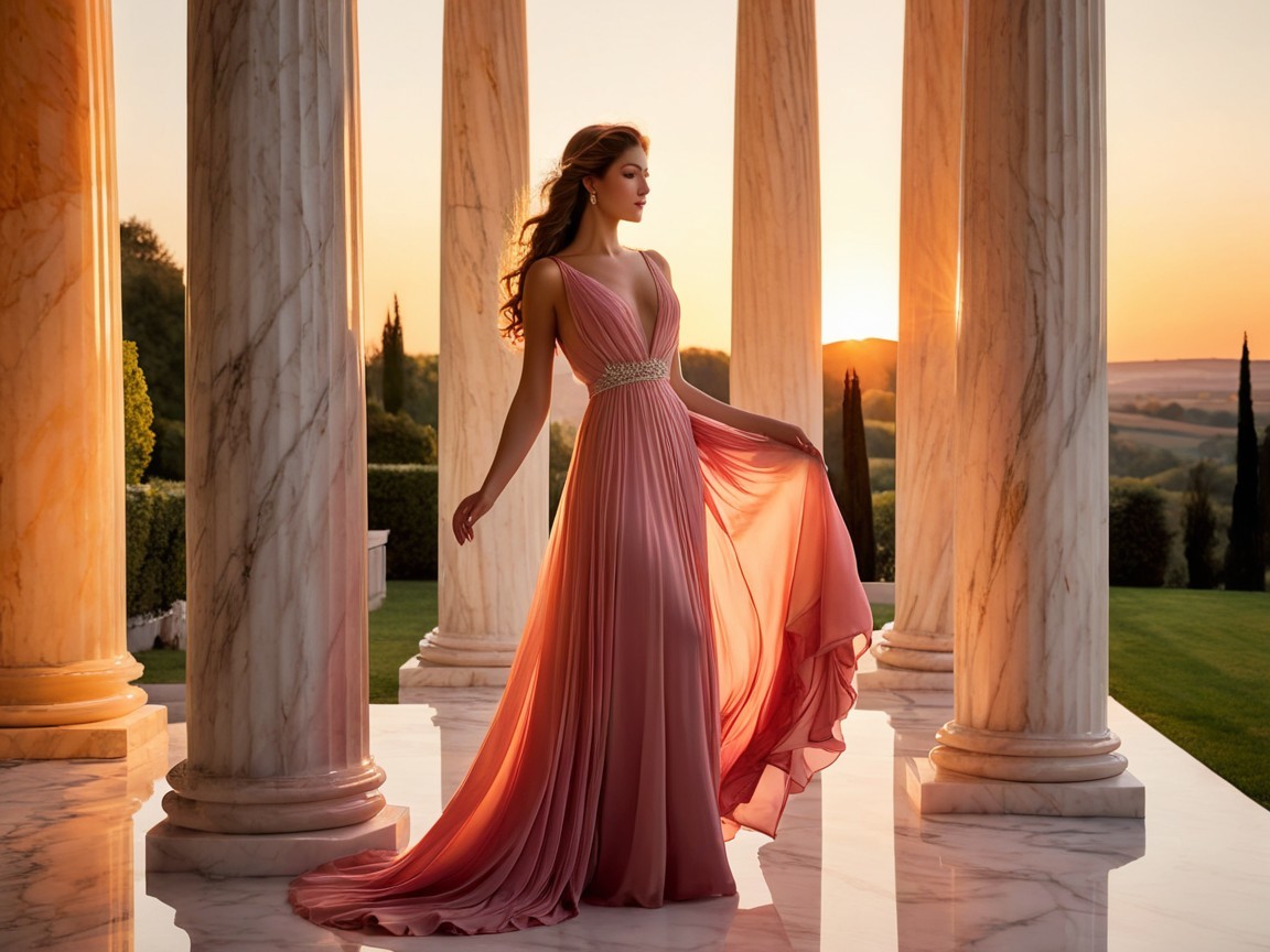 Woman in Pink Gown Amongst Marble Columns at Sunset