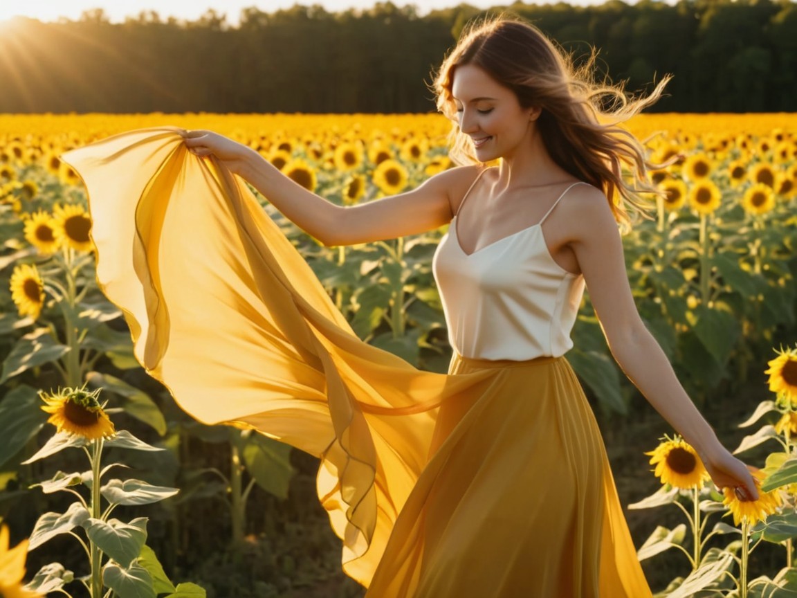 Woman dancing in a sunflower field with sunlight glow