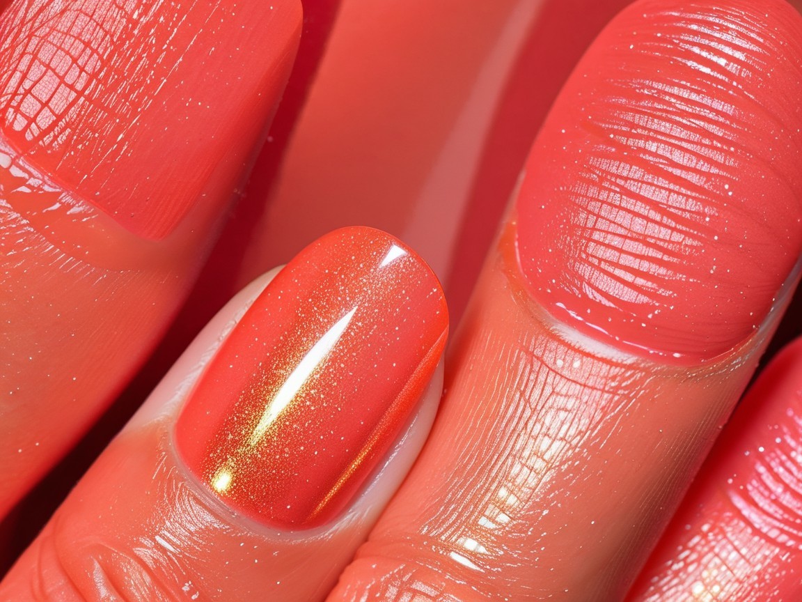 Close-up of Coral Manicure with Gradient and Glossy Finish
