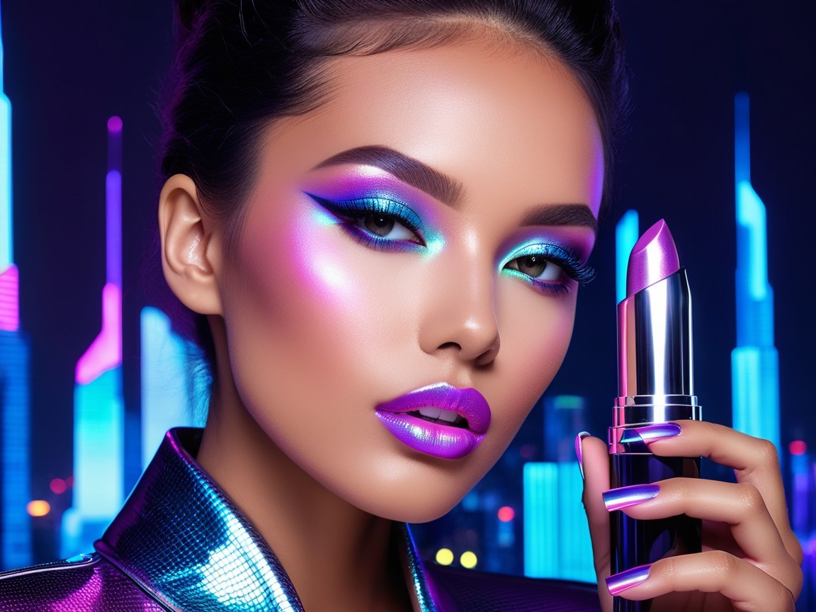 Glamorous Model in Neon Skyline with Bold Makeup