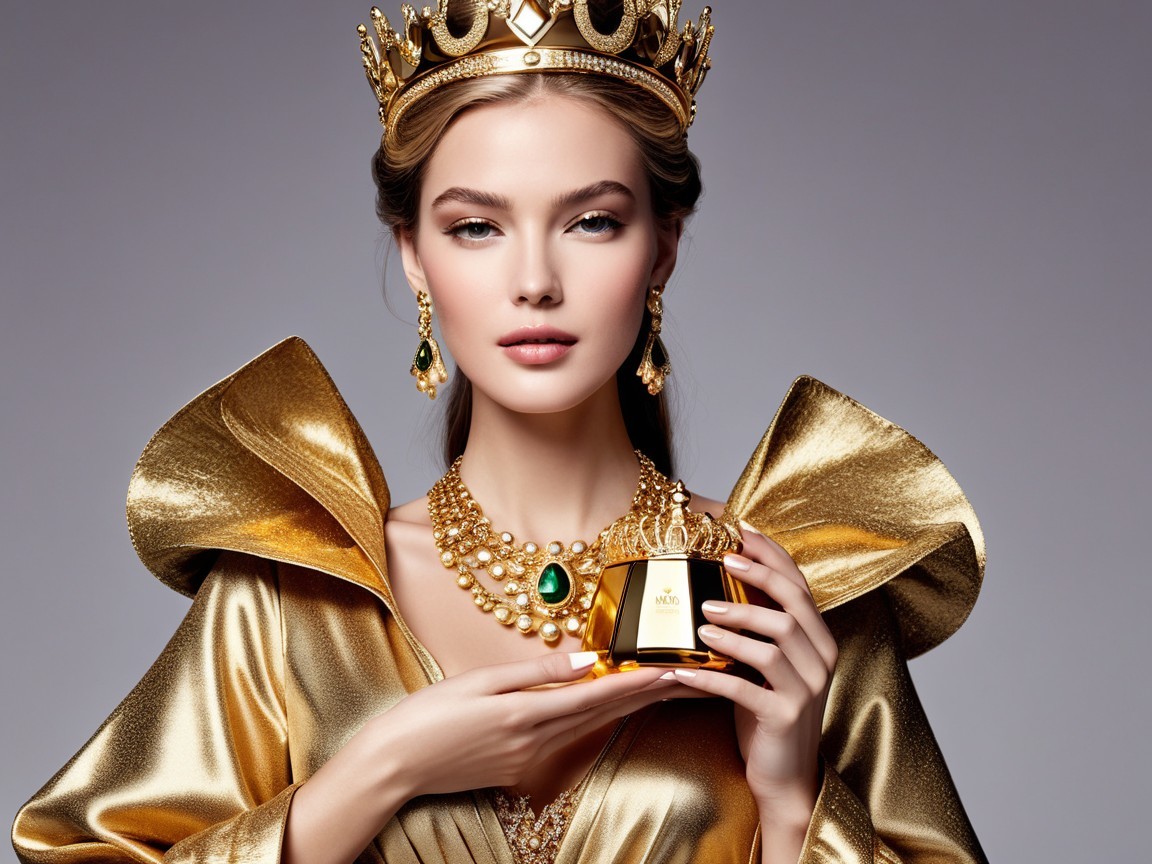 Regal Woman in Gold Gown with Emerald Jewelry