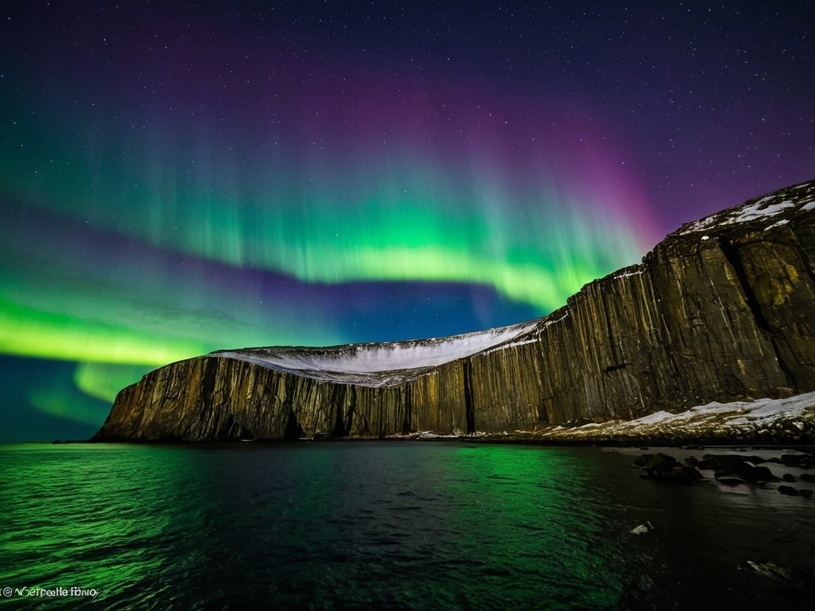 Northern Lights Over Rocky Cliff and Dark Bay
