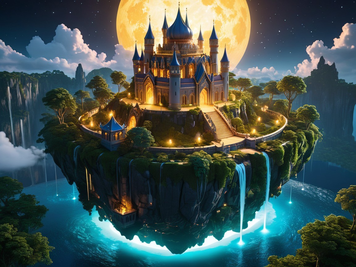 Floating Castle on Lush Island Under Full Moon