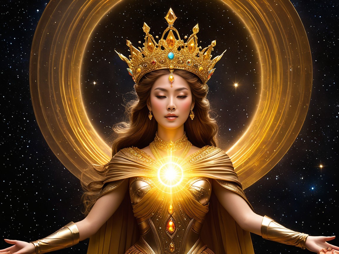 Regal figure in golden robes with cosmic backdrop
