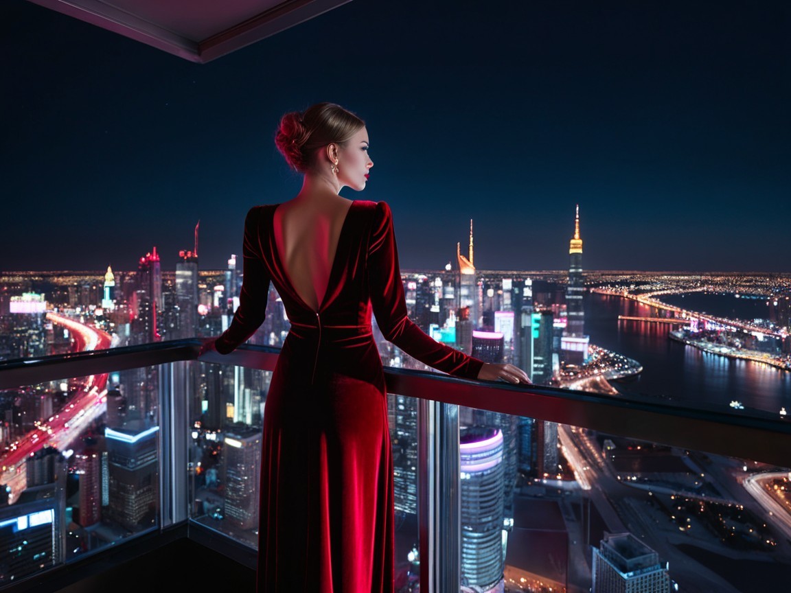 Woman in Red Velvet Gown Overlooking City Skyline