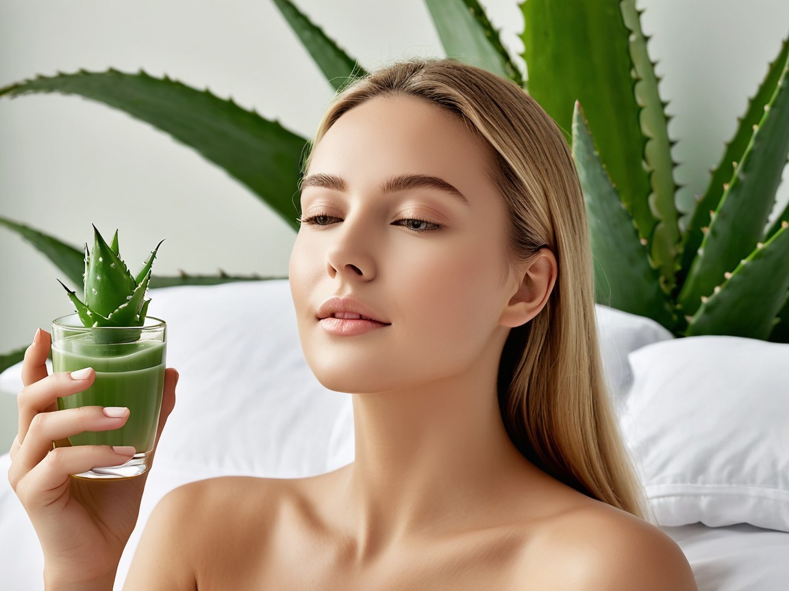 Young woman with green drink among aloe plants