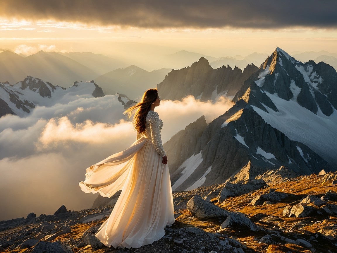 Woman in White Gown on Mountain Peak at Sunset