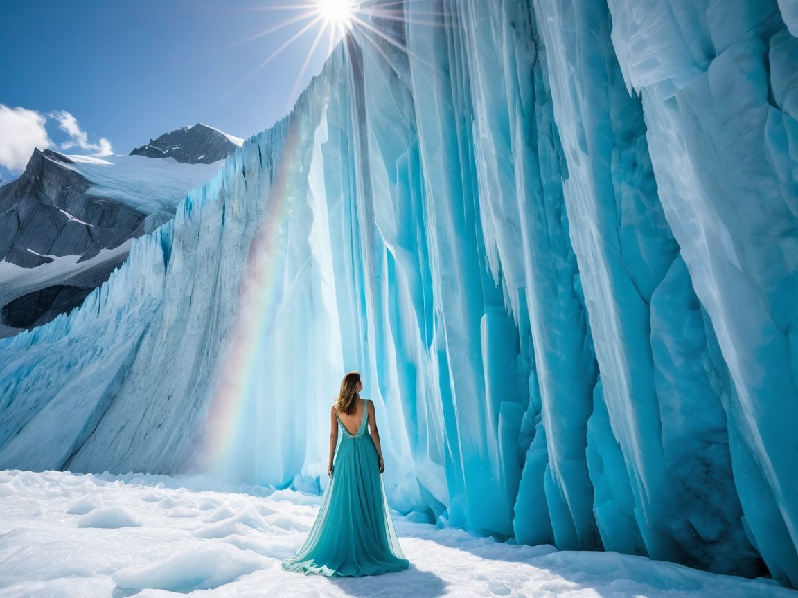Woman in Turquoise Dress Amidst Glacial Landscape