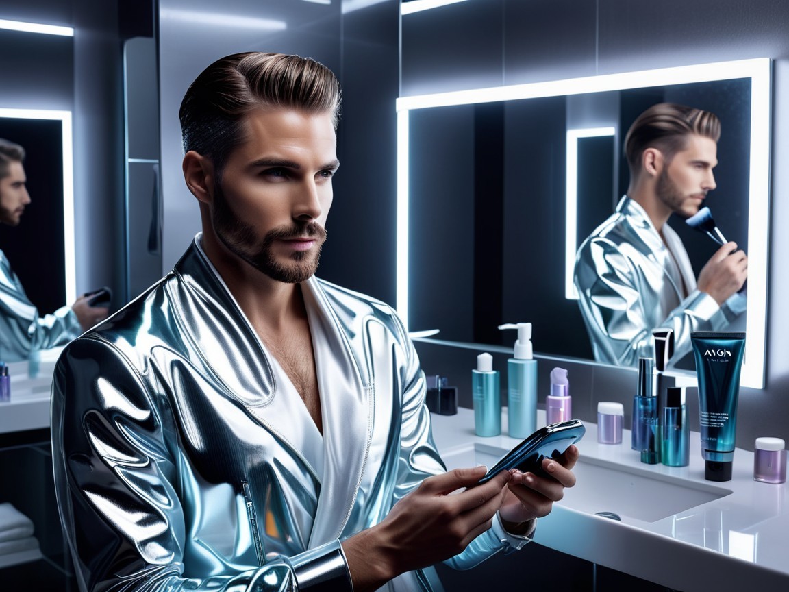 Stylish Man in Modern Bathroom with Grooming Products