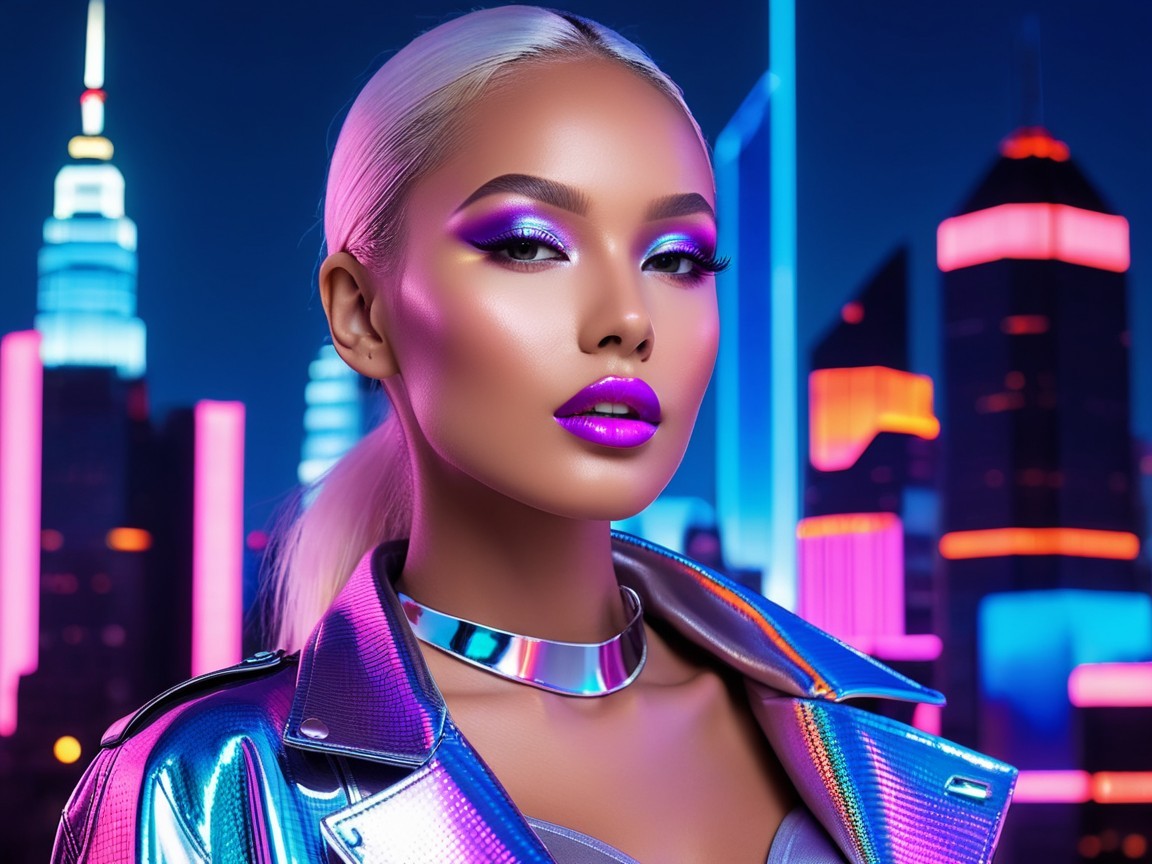 Model Posing Against Neon City Skyline at Night