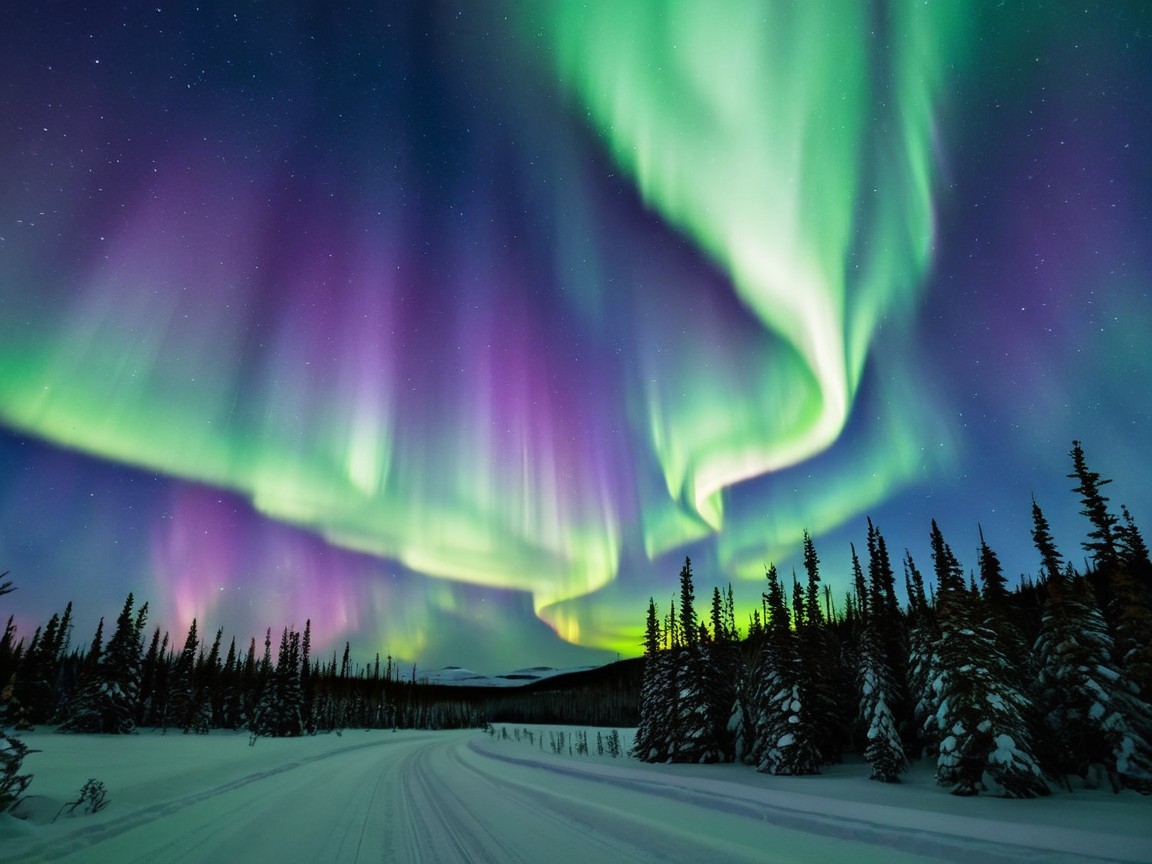 Northern Lights Display Over Snowy Landscape