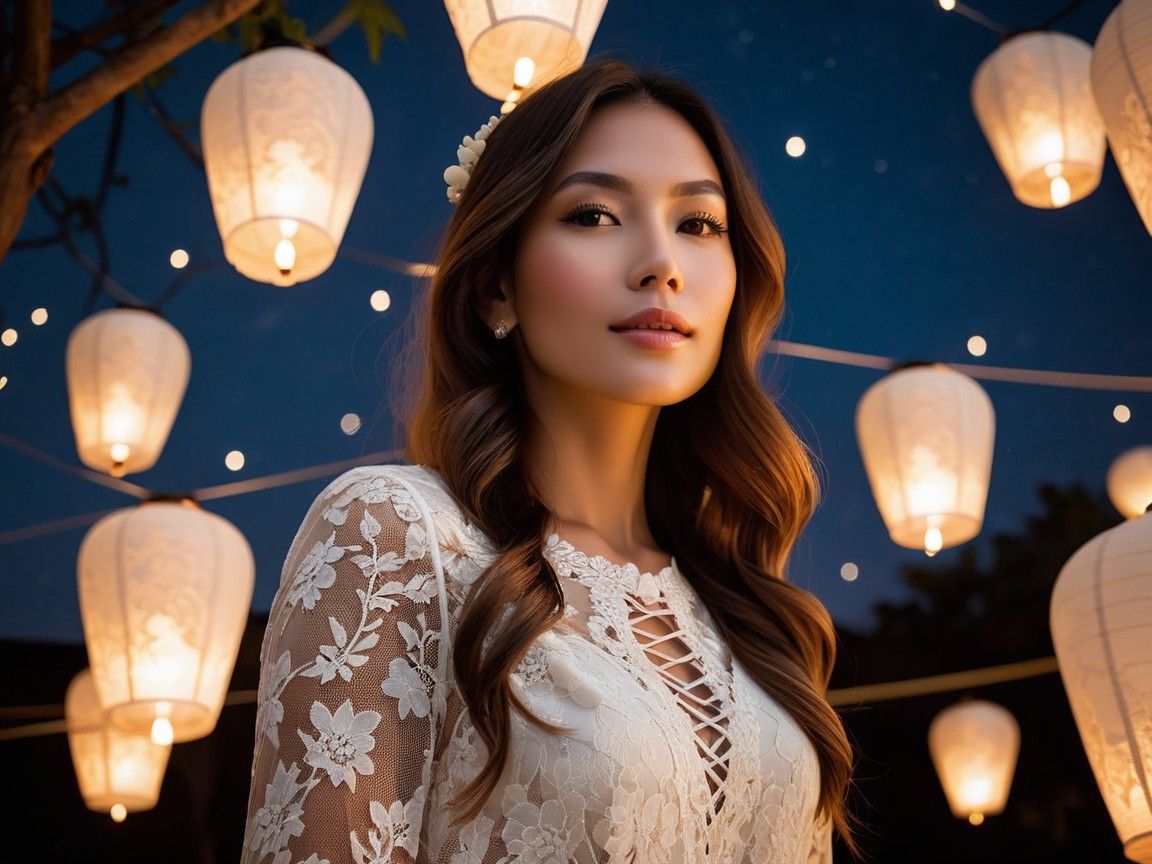 Portrait of a Young Woman in Lantern Light at Twilight