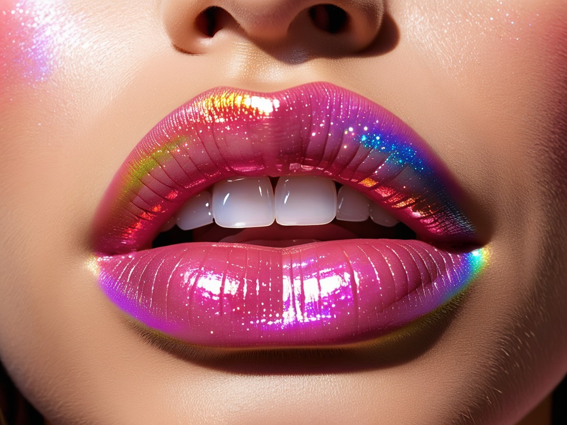 Close-up of Glossy Pink Lips with Holographic Effect