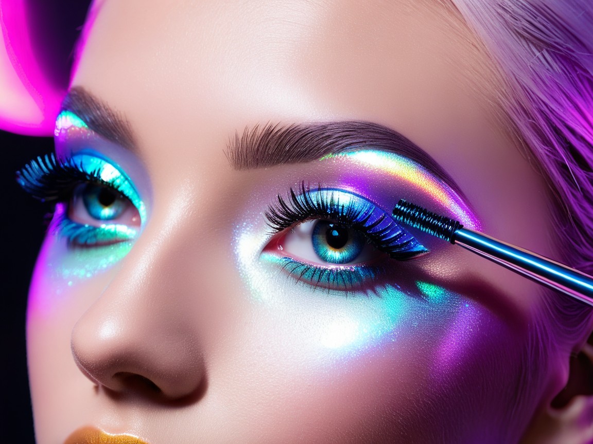 Close-Up of Iridescent Makeup with Neon Background