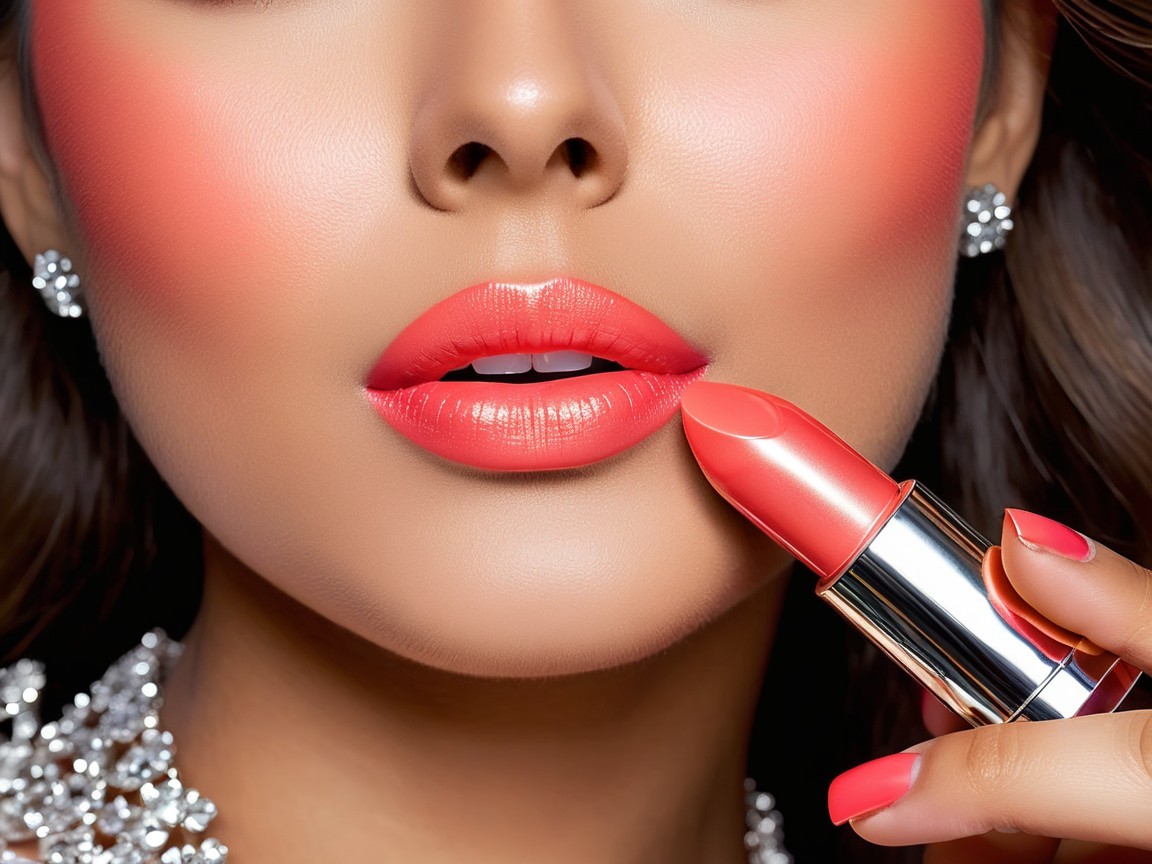 Close-up of Woman Applying Vibrant Coral Lipstick