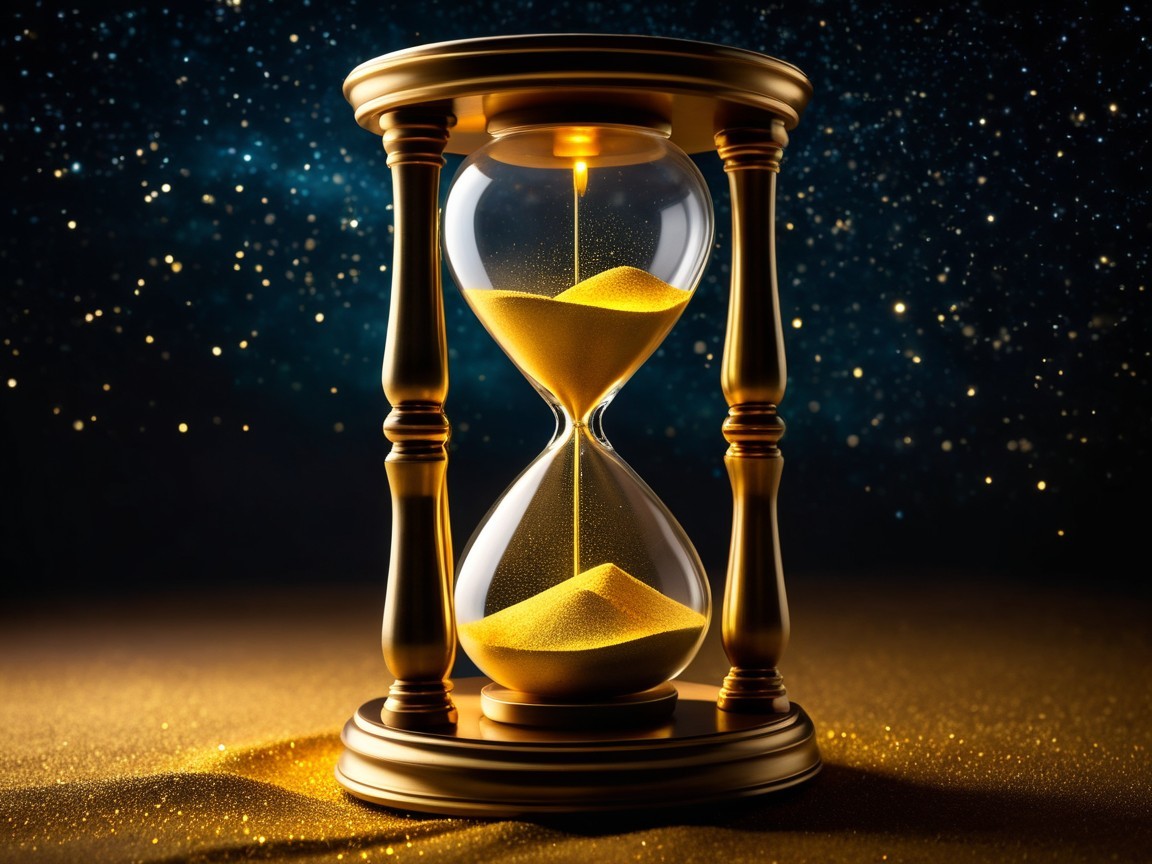 Elegant hourglass with golden sand on golden surface