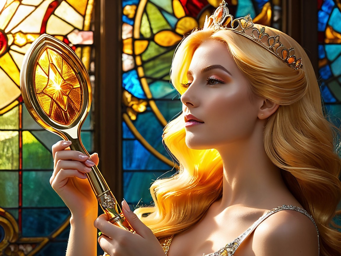 Regal Woman with Blonde Hair and Golden Mirror